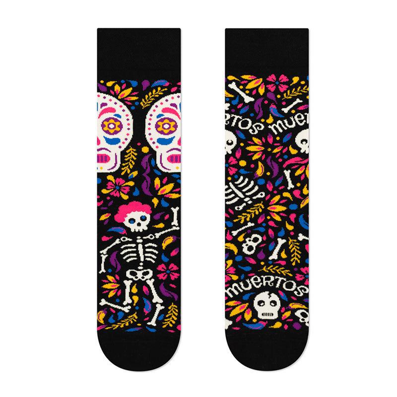 Trendy Asymmetric Mandarin Duck Cotton Socks - Skull Design, Medium-High Tube, for Couples