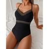 Vintage Black Knitted Patchwork One Piece Swimsuit 2026 Women Halter V Neck Back Bandage Cross Slim Tummy Control Swimwear