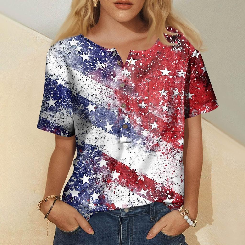 Women's Fashion Casual Short Sleeve Print Round Neck Pullover Top Blouse