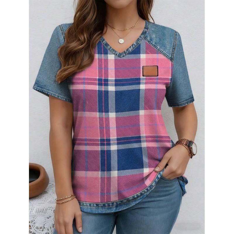 V-Neck Short Sleeve T-Shirt With Blue White Striped Print Loose Fit Casual Top Women 2025