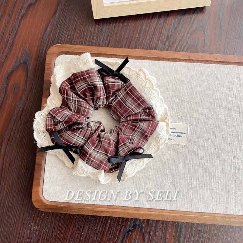 Retro Plaid Bow Hair Tie with Lace Edge