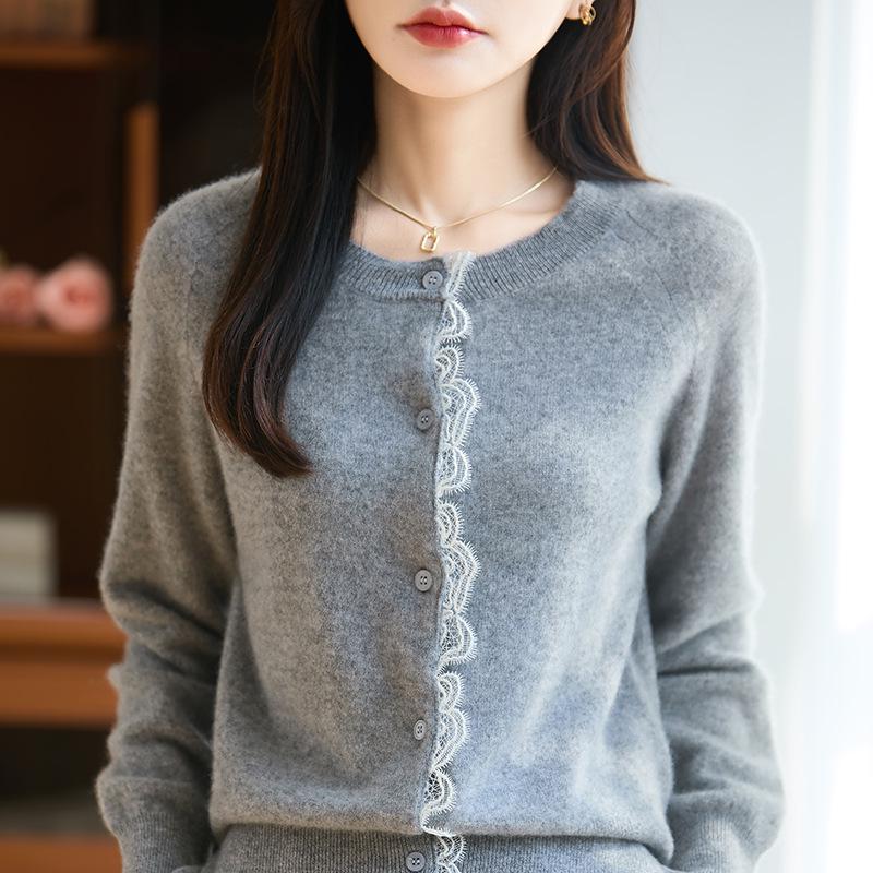 Autumn/Winter Women's 100% Pure Wool Lace Trim Knit Cardigan - Long Sleeve Round Neck Loose Sweater