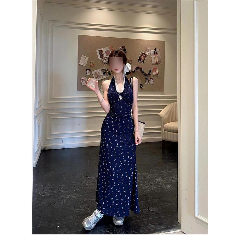 

Синее платье-слинг на шею с открытой спиной, летнее новое повседневное платье с цветочным принтом для детей XL- (recommended 110-60kg)