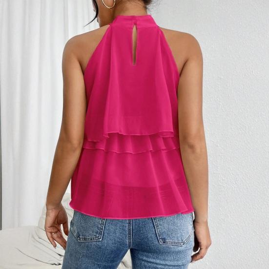 Women Tops Halter Neck Sleeveless Solid Color Pullover Tops Multi Layer Ruffle Hem Commuting Style Short Tops