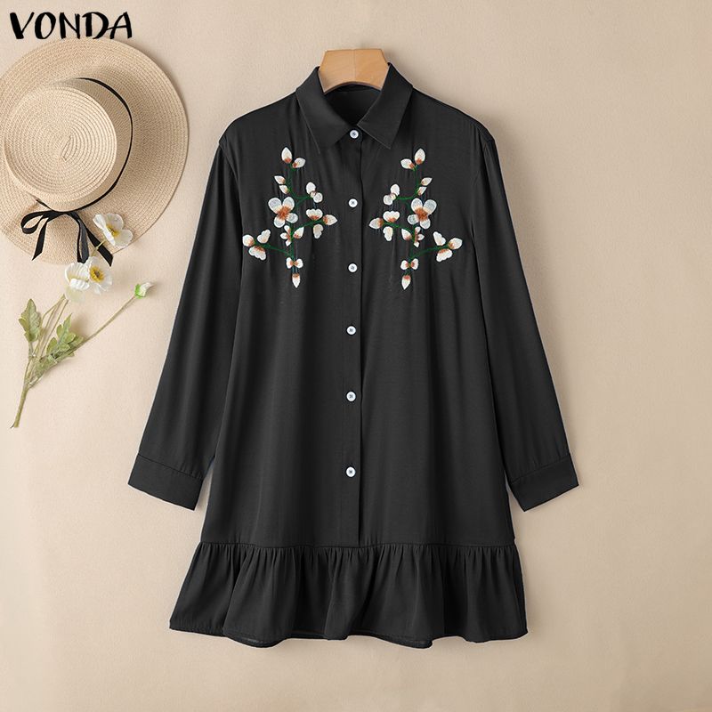 

VONDA Women Turn Down Collar Long Sleeve Embroidery Casual Ruffled Dress 5XL чорний