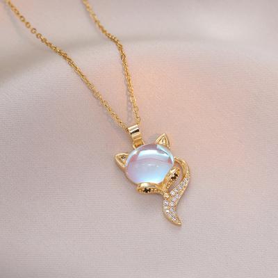 Fashion Cute Colorful Stone Fox with Zircon Necklace for Women Vintage Stainless Steel Chain Party Accessories Jewelry Gifts
