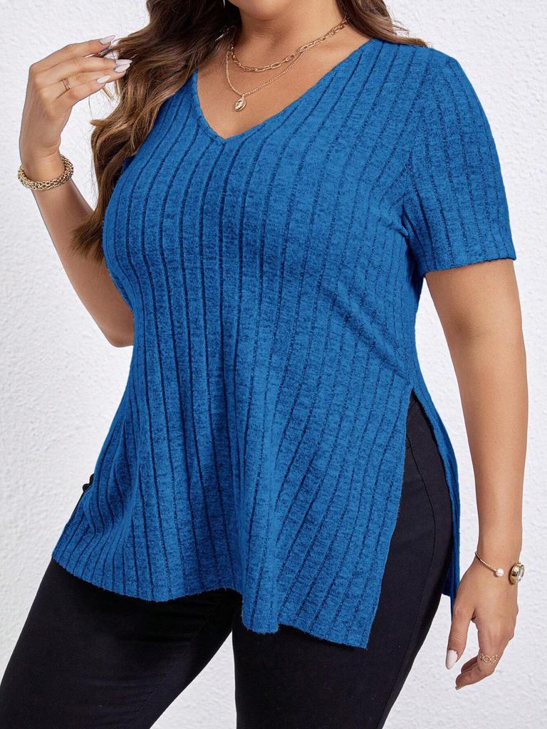 Women S Plus Size V Neck Short Sleeve Slit Pullover T Shirt