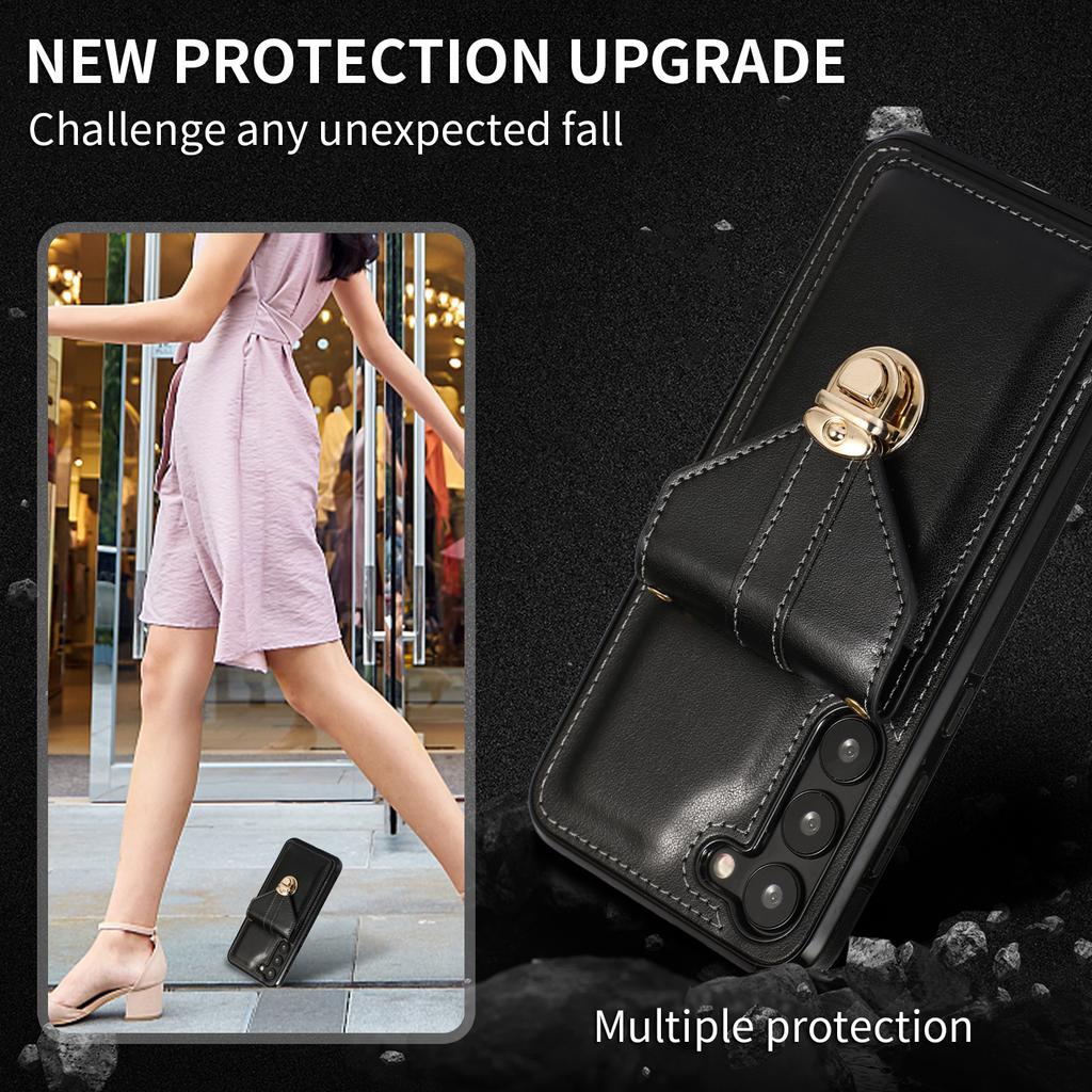 Phone Cover for Samsung Galaxy S23+ PU Leather+TPU Card Holder Kickstand Case with Shoulder Strap