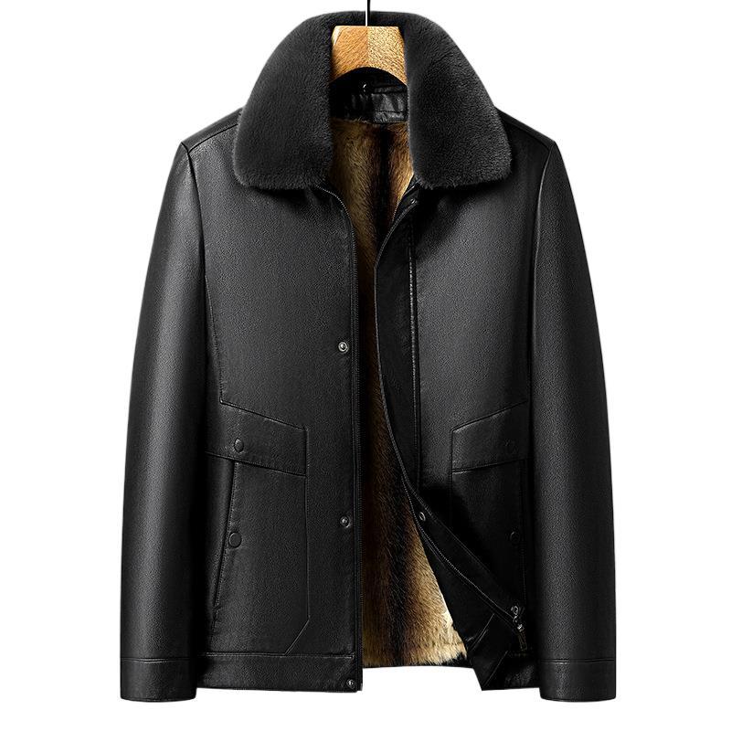 Herrläderjacka Ny Vinter Förtjockad Päls Krage Avtagbart Foder Plus Sammet Varm Läderjacka Pappa Läderjacka