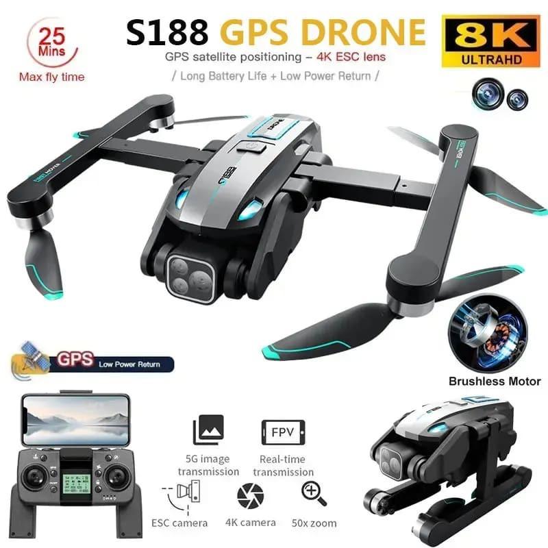 Dron S188 con GPS, cámara dual HD profesional de 8K, 5G, wifi, posicionamiento de flujo óptico, evitación de obstáculos, cuadricóptero plegable sin escobillas, juguetes RC