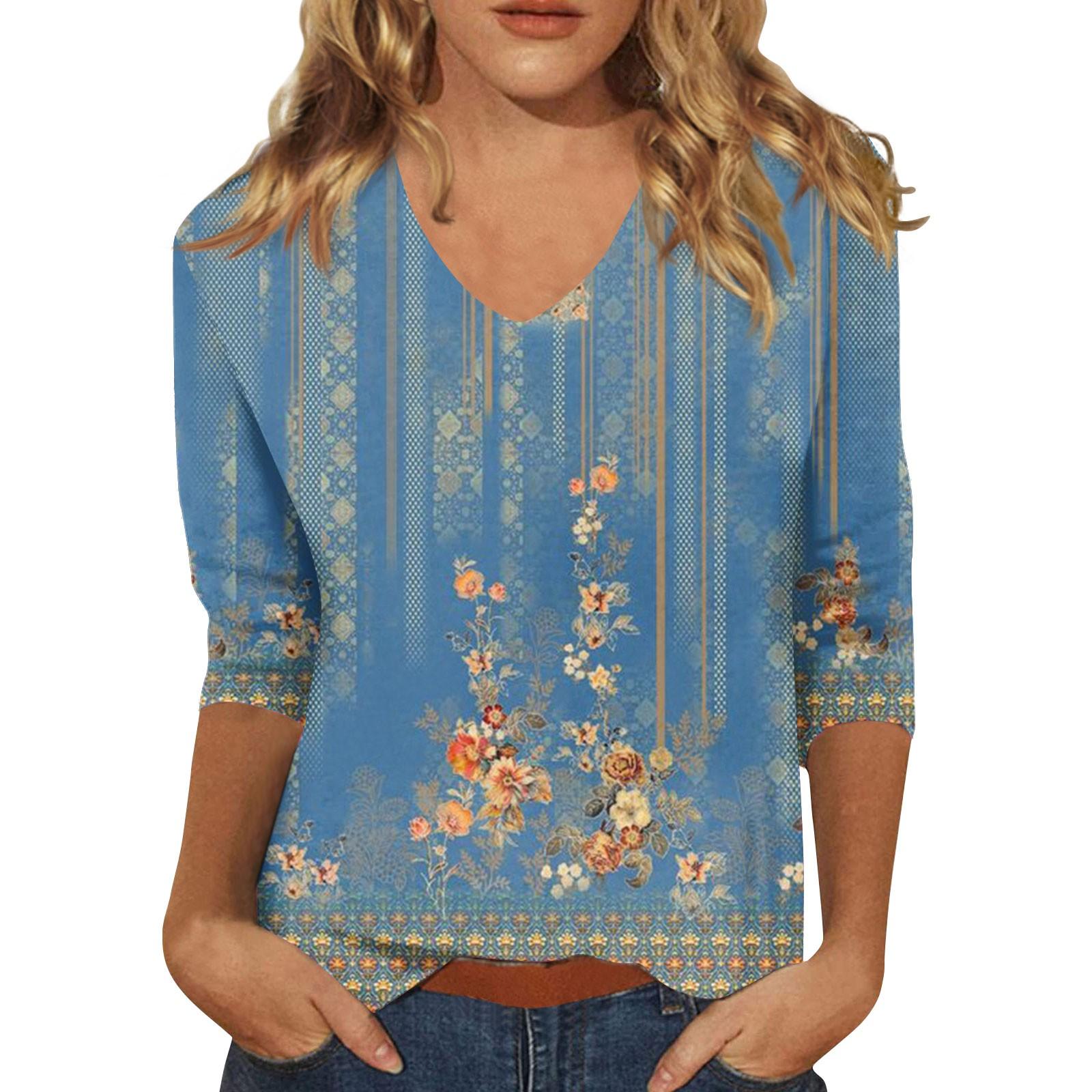 

Женская мода на каждый день Повседневная футболка с v-образным вырезом и семиточечным рукавом с принтом Топ M