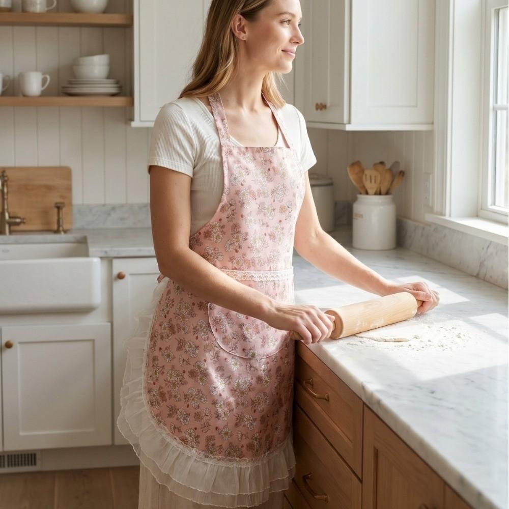 Wear Resistant Neck Hanging Apron Floral Lace Cooking Apron Portable Canvas Apron Women