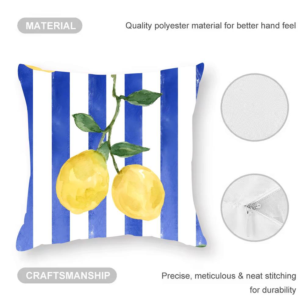 Blue - Toned Watercolor Lemon Pillow Case  Anti-dustmite Pillowcase Invisible Zipper Silky Short Plush Sofa Cushion Cover
