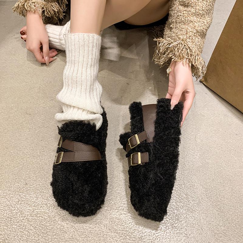 

Женские туфли-бини из бархата из овечьей шерсти, осень-зима 2025, новые, на одной педали, ленивые, хлопковые, женские, повседневные, универсальные, шерстяные туфли 40 чёрный