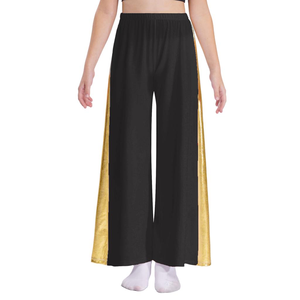 Girls Liturgical Dance Pants Metallic Patchwork Wide Leg High Waist Elastic Waistband Performance Trousers