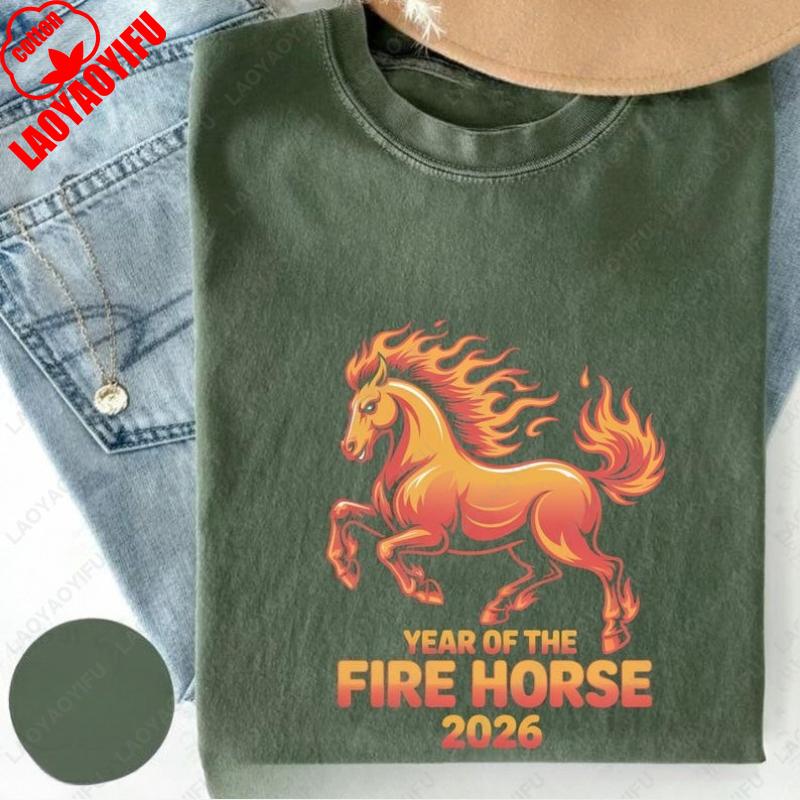 Fire Horse 2026 Women Men Cotton Tees Chinese New Year Graphic Unisex Tshirt Hipster Street Fashion Streetwear Unisex Adult Tops
