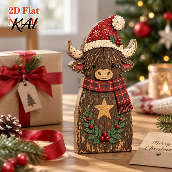 Farmhouse Holiday Gift Highland Cow Wooden Table Sign, Rustic Tiered Tray Centerpiece, 2D Flat Vintage Christmas Party Decor Tabletop Ornament