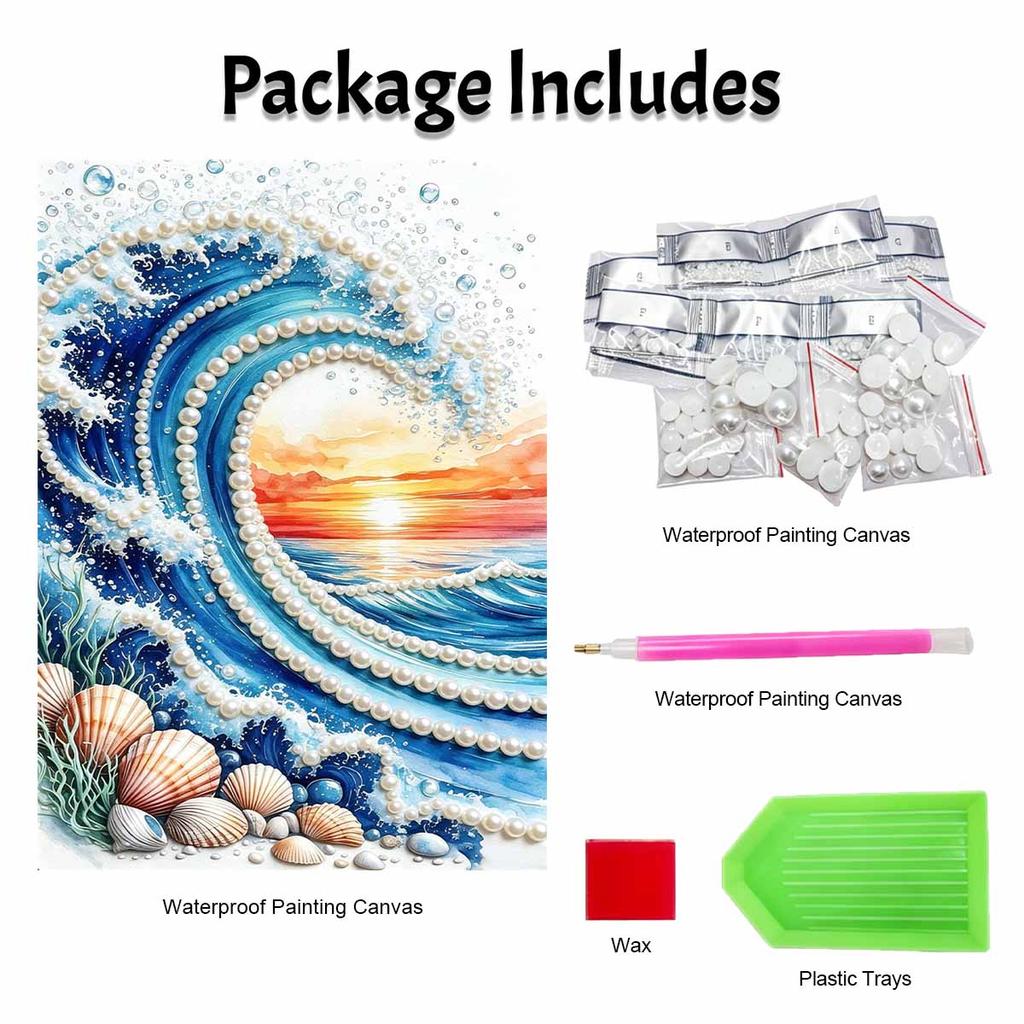 Frameless Pearl Bead Painting Kit Ocean Wave Seashell Pattern DIY Sparkling Art Canvas Creative Leisure Craft for Adults Wall Decor Home Art Projects