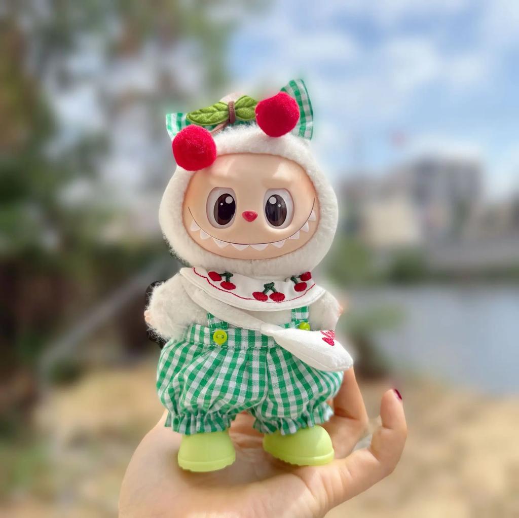 Labubu Clothes 15/17cm V1/2/3 Doll Cherry Themed Rompers Headwear Scarf Bag 4PCS/Pack Plush Cotton Doll Decoration Accessory