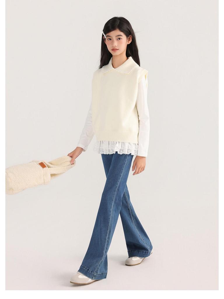 Tao Town Mädchen Langarmshirt mit Spitzennähten - Koreanischer Stil Frühling/Herbst Trend