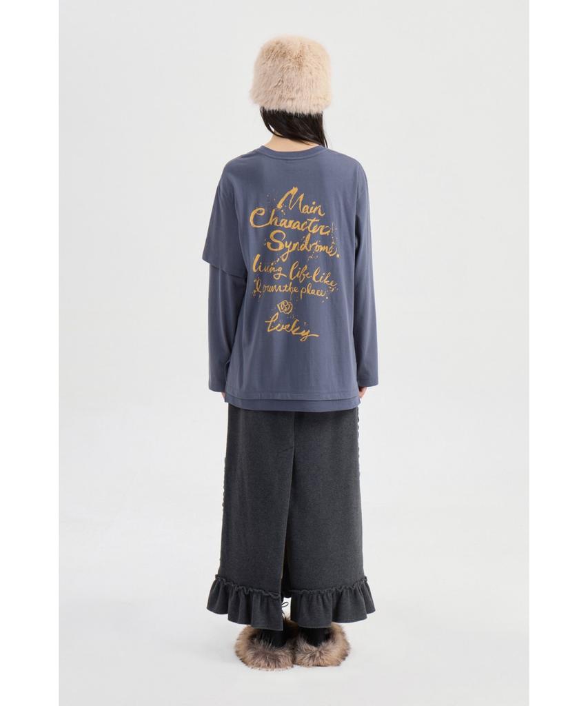 LUCKY CHOUETTE Lettering Point Loose Fit Long Sleeve T-Shirt (Dark Blue) Lftaw25320Bud