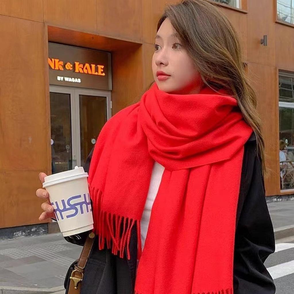 Cashmere Scarf Red Gray New Year High-End Solid Color Versatile Warm Scarf
