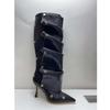 European And American Women'S Shoes New High-Heeled Pointed Metal Rivets Xishi Velvet Two-Wear Stacked Knee-Length Boots