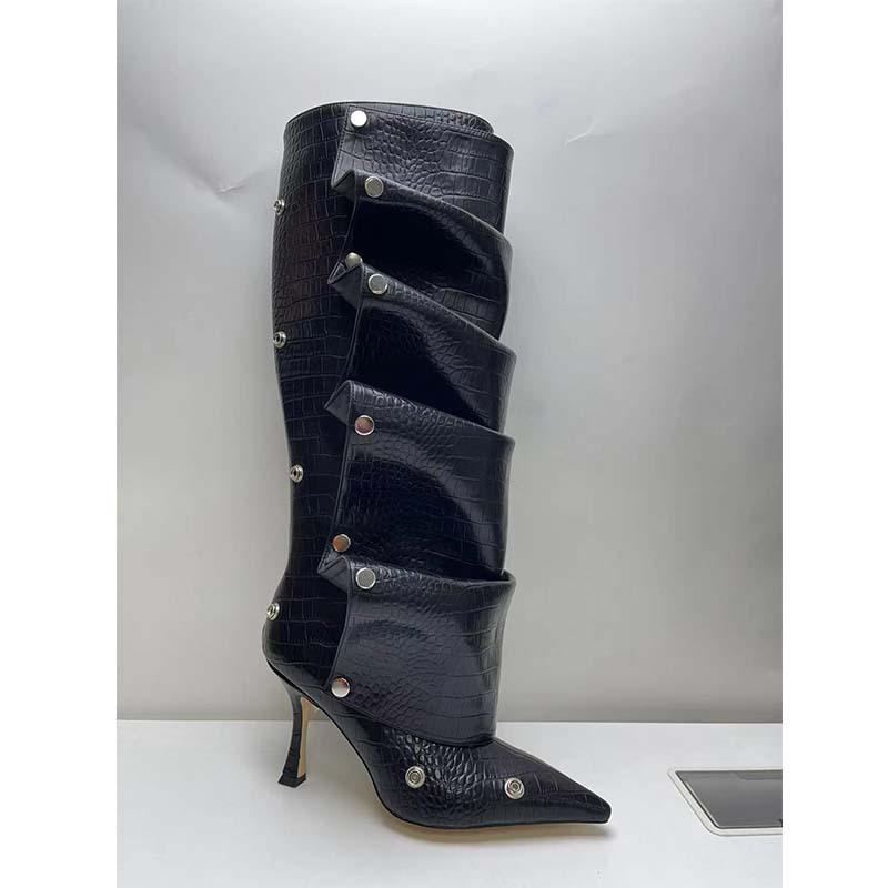 European And American Women'S Shoes New High-Heeled Pointed Metal Rivets Xishi Velvet Two-Wear Stacked Knee-Length Boots