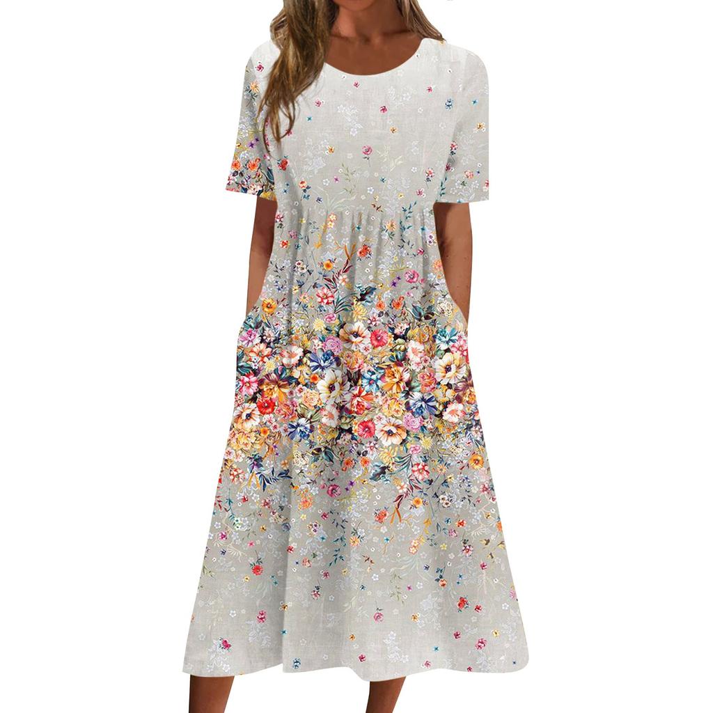 Abiti casual da donna Abiti stampati Abiti estivi Abiti midi con scollo rotondo a pieghe stampati Abiti larghi classici a maniche corte per tutti i giorni da esterno