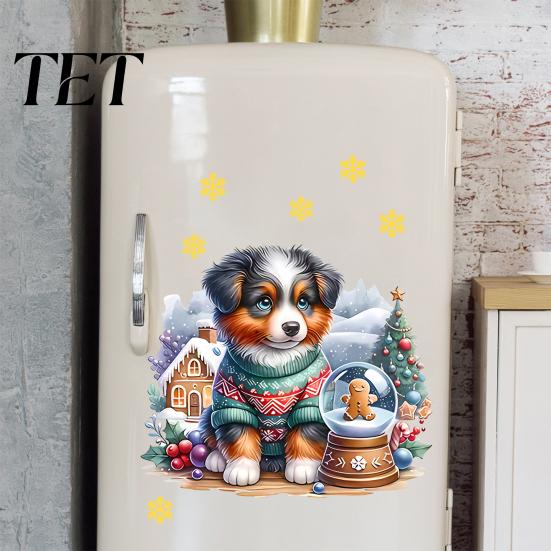 Waterproof Refrigerator Stickers Christmas Cute Puppy Wall Stickers, PVC Decals, Peel And Stick Animal Holiday Dog Decals Art Decor for Home