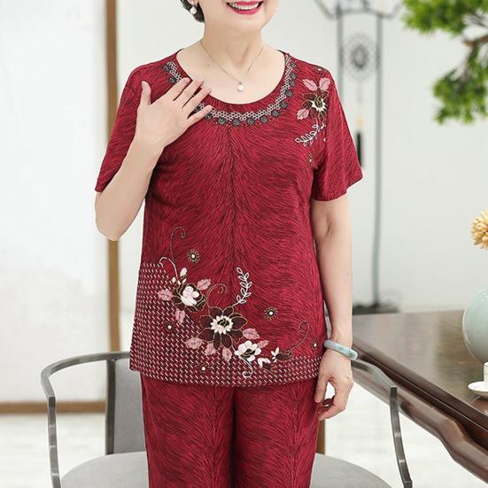Conjunto de Duas Peças Feminino de Seda Gelada para Primavera Verão, Gola Redonda, Manga Curta + Calças, Conjunto Esportivo Casual