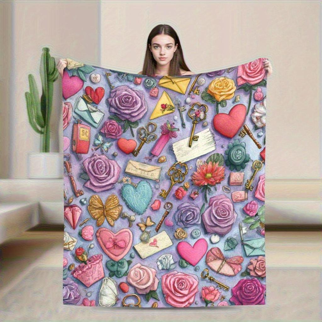 Floral Heart-shaped Golden Key Pattern Flannel Printed Blanket Suitable for All Seasons for Living Room Office Sofa and Travel