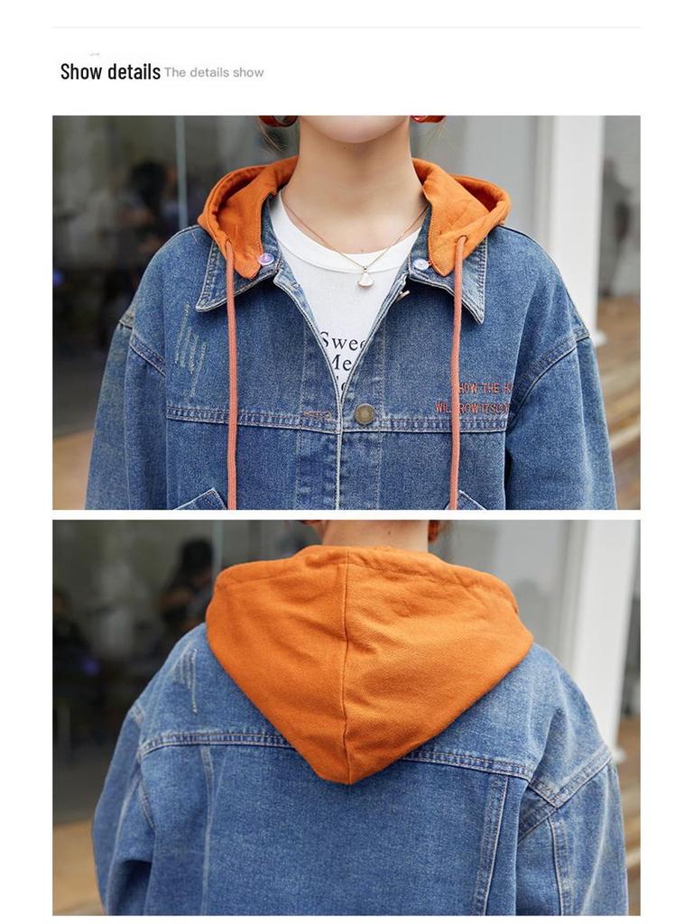 2024 Frühling/Herbst Damen Lockerer Kapuzen-Zwei-in-Eins Jeansjacke - Große Größe Studenten-Top