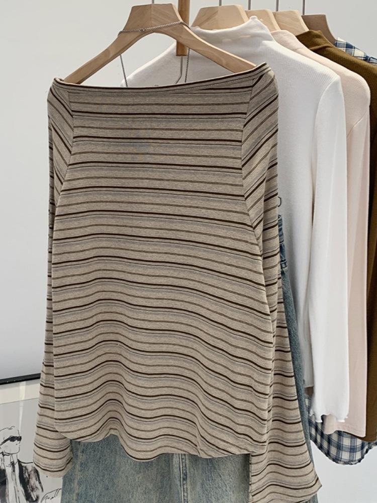 Autumn 2025 New Arrival: Women's High-End Korean Style Striped One-Shoulder Long-Sleeved T-Shirt