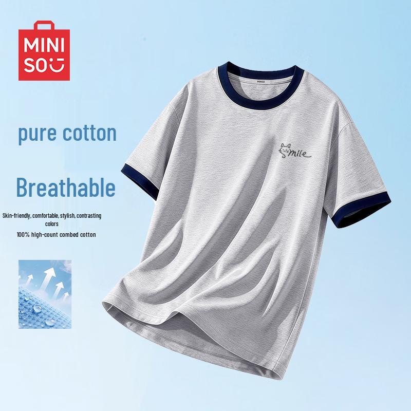 MINISO Men s Pure Cotton Loose-Fit Crew Neck Short Sleeve T-Shirt XL