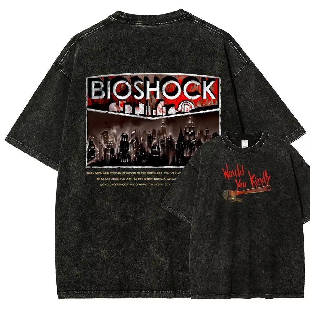 Pop BioShock Game Short-sleeved Washed-out Distressed Pure Cotton Loose Men's and Women's Shirt Large Size