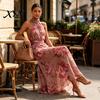 Tallening Body Shape Dress Floral Chiffon for Women, Halter Sleeveless Ruched Maxi Green Print Dress, Turtle Neck Wedding Guest Cocktail Evening
