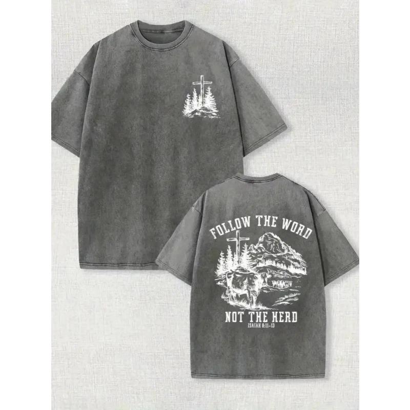 European Size Men'S Faded Short-Sleeve Tee Featuring The Bible Verse Cross Design "FOLLOW THE WORD NOT THE HERD", Embodying a Vintage Faith Style.
