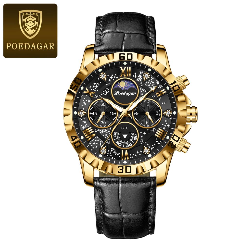 POEDAGAR Original Military Man Wristwatch Waterproof Luminous Chronograph Leather Strap Watches for Men Quartz Watch Reloj