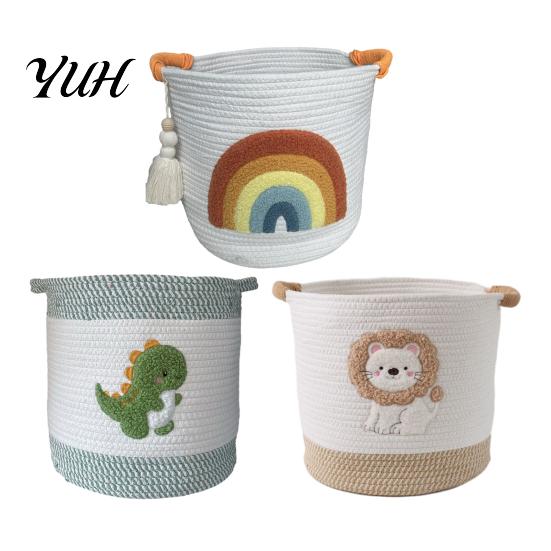Foldable Sundries Holder Large Cotton Woven Storage Basket, Cartoon Embroidery Toy Organizer Bin, Soft Fabric Container Capacity with Reinforced