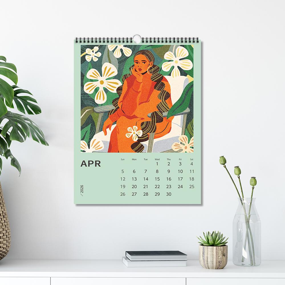 1 buc Calendar de perete 2026, Seria Fată Florală Desenată Manual, 12 Designuri Frumoase, Cadou Perfect pentru Ziua de Naștere, Crăciun, Anul Nou