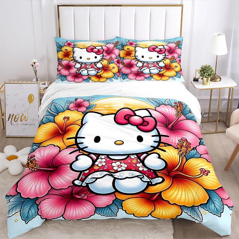 3pcs Hello Kitty in Tropical Paradise Bedding Set - Includes 1 Quilt Cover and 2 Pillowcases, Comfortable Bedding with Stylish Design for Be