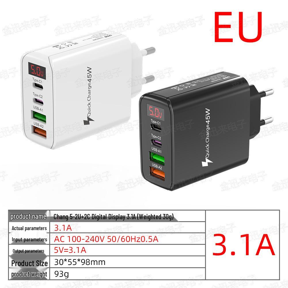 45W Multi-Port Phone Charger with Digital Display, 2A+2C, 3.1A, EU/UK Plug