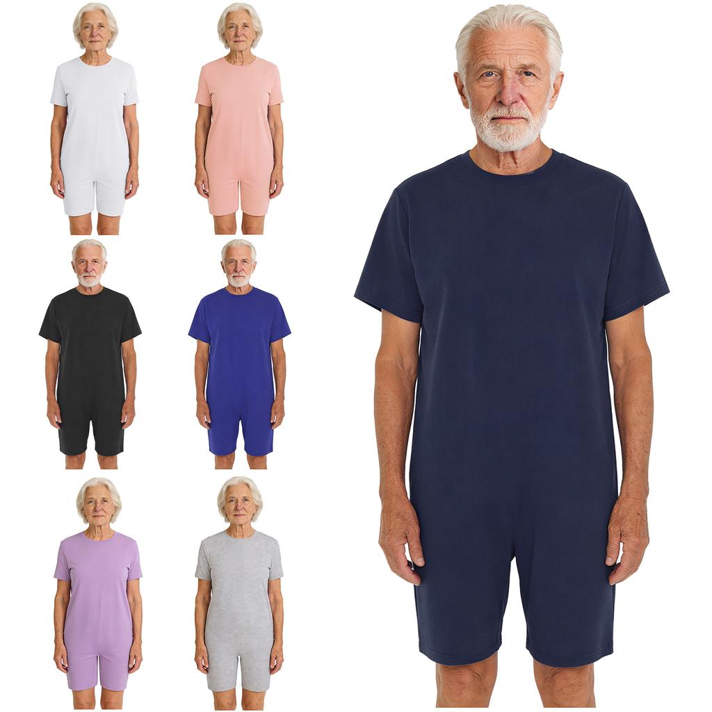 S-3XL Unisex Adaptive Romper: Anti-Strip Back Zipper Jumpsuit, Easy Care Short Sleeve for Elderly & Special Needs
