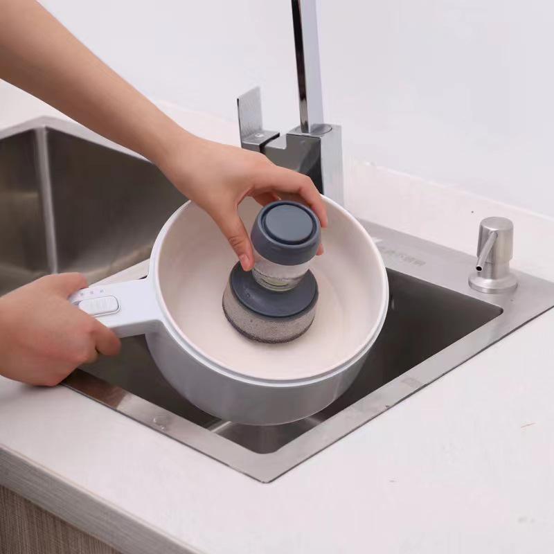 Automatic Liquid Dispensing Pot Washing Brush: Multifunctional Press-Type Kitchen Sponge Brush.