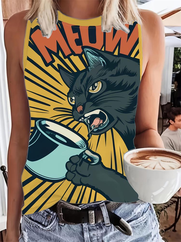 Top na ramiączkach w stylu vintage Etniczny nadruk 3D Damski casualowy letni podkoszulek z okrągłym dekoltem Odkryte ramiona Y2k Bezrękawnik Damski Top Odzież