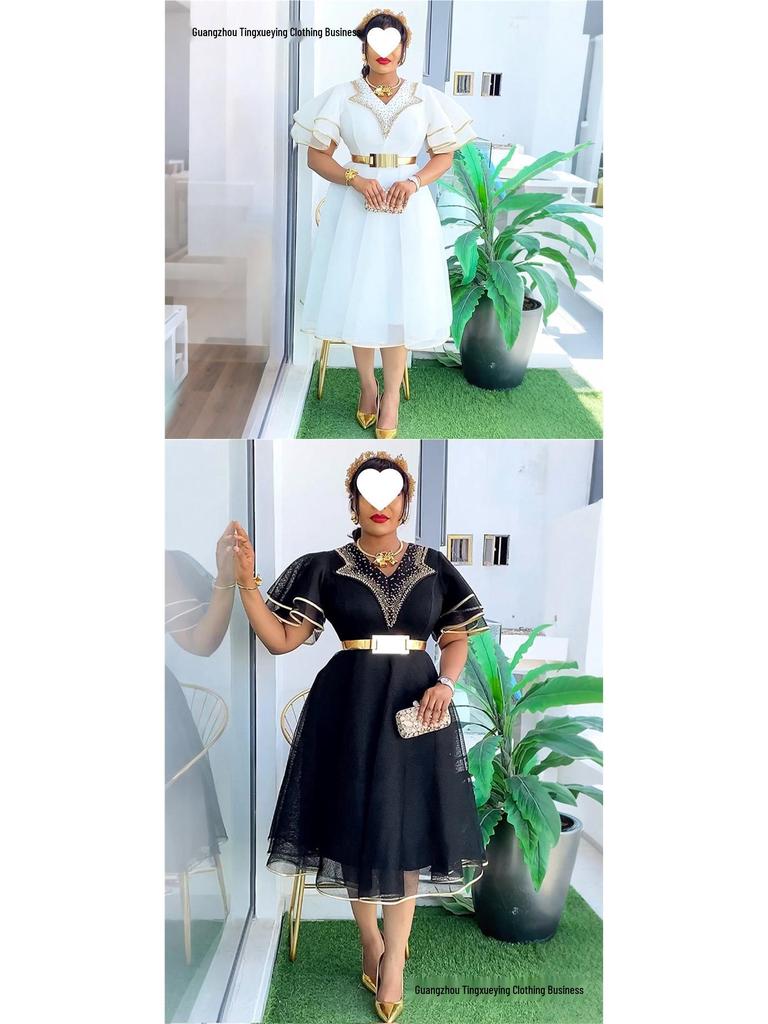 Plus Size V-neck African Women’s Bodycon Dress with Beaded Belt