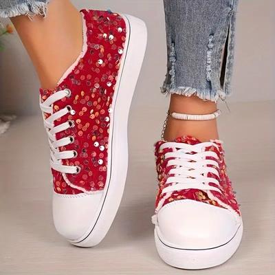Large Size Women Single Shoes Spring Autumn New Fashion Sneakers Round Head Flat Bottom Lace Up Sequins Casual Shoes Size 36-43