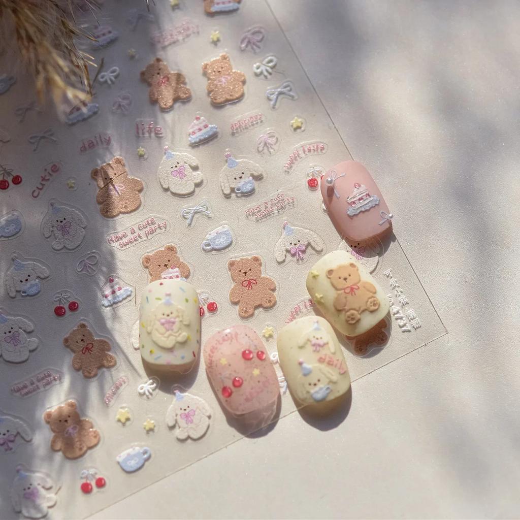 5D Pudding Jelly Dessert Fruit Cherry Pink Claw Print Bowknot Tie Knot Love Heart Stars Nail Art Sticker Adhesive Manicure Decal