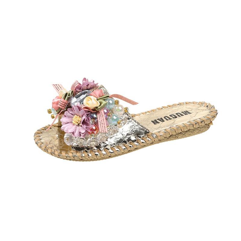 Summer Hot-selling Gypsy Rhinestone Cool Slippers Four-season One-word Cool Slippers Women's Flash Large-size Slippers Women